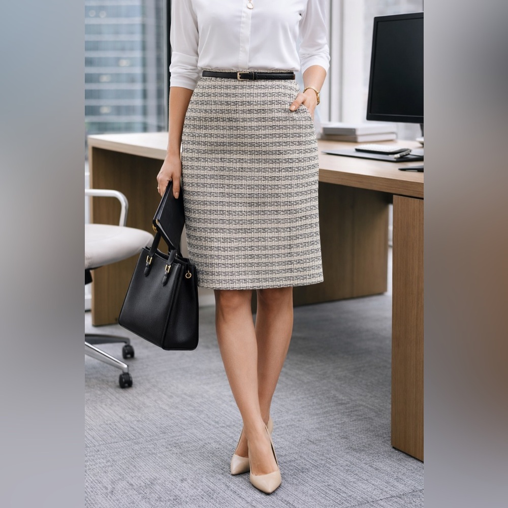Karl Lagerfeld Cream and Black Tweed Pencil Skirt